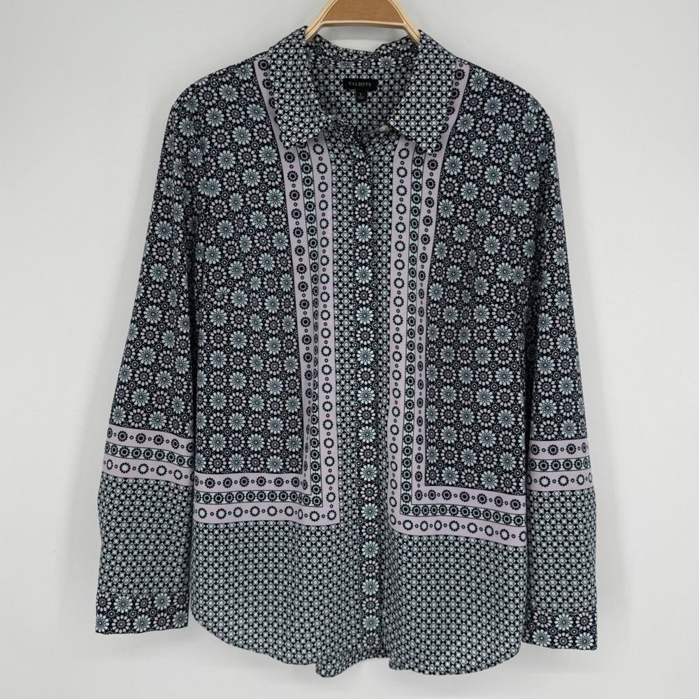 Talbots Button Down Shirt Large Blue Floral Medallion Boho Workwear Preppy
